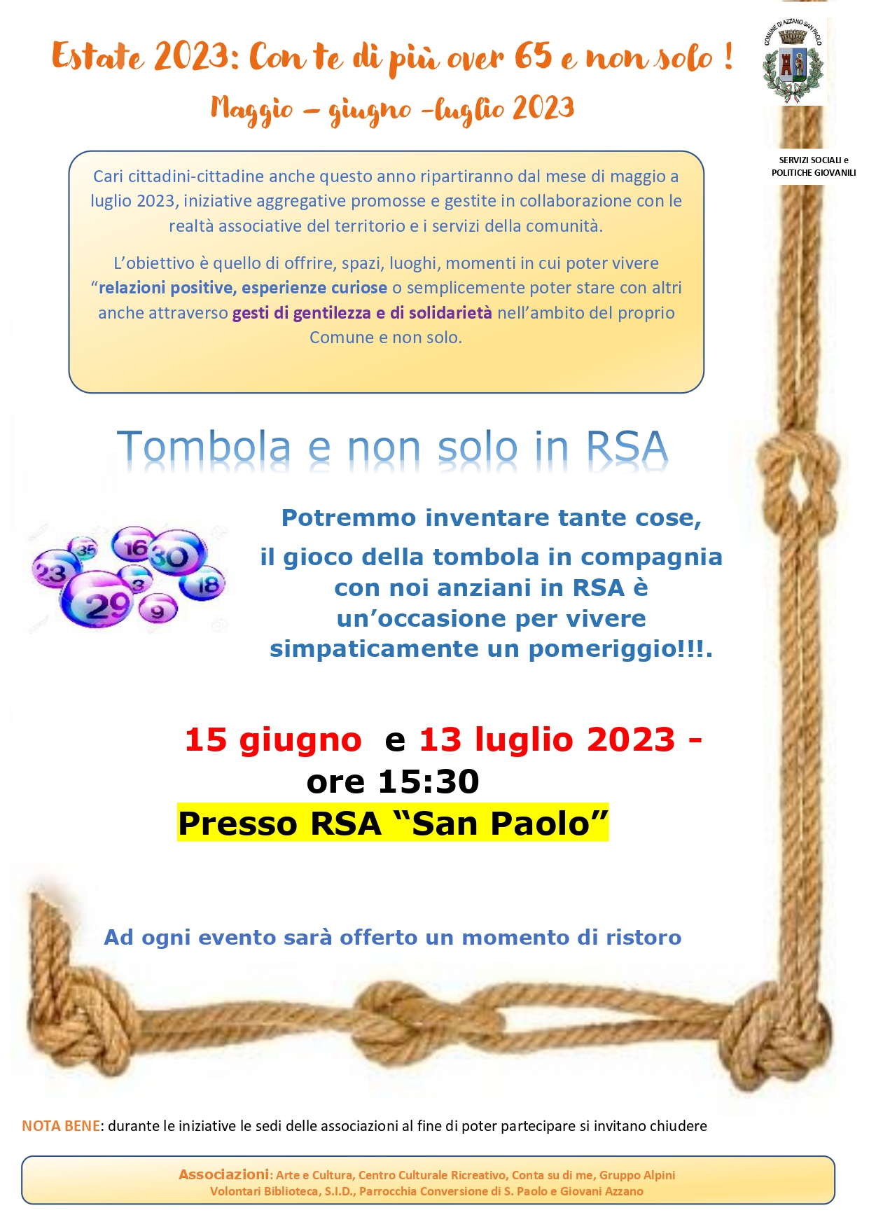 Estate 2023: Con te di più over 65 e non solo! Tombola non solo in RSA