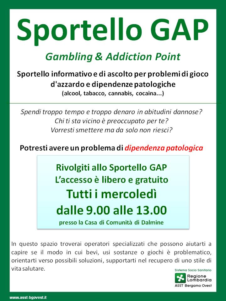  "Servizi a contrasto delle dipendenze-  fenomeno del Gioco d’Azzardo Patologico derivante dalle forme di gioco lecito" nuovo sportello a Dalmine