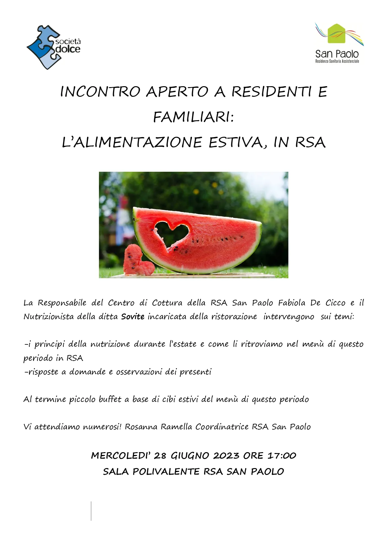 Incontro aperto a residenti e familiari: l'alimentazione estiva, RSA